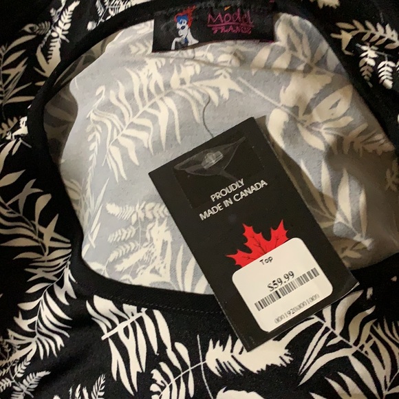 NWT Model France Canada PLUS 3X Leaf Floral Black LS Scoop Neck Stretch Blouse - Picture 6 of 8